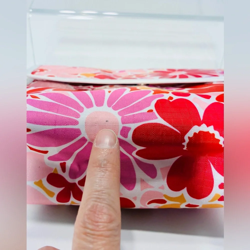 Clinique Floral Cosmetic Bag Pink Red Orange 3”D x 8”W x 6.5”H